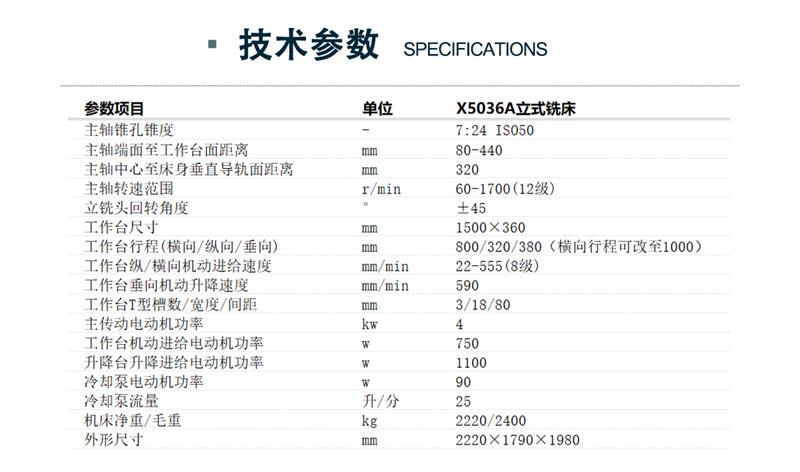 X5036A立式升降台铣床设备技术参数